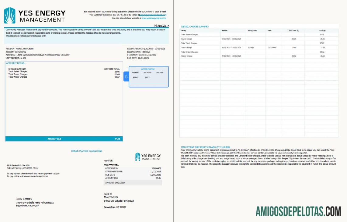 realista Modelo de fatura de serviços públicos de gerenciamento de energia SIM dos EUA em formatos Word e PDF, 2 páginas